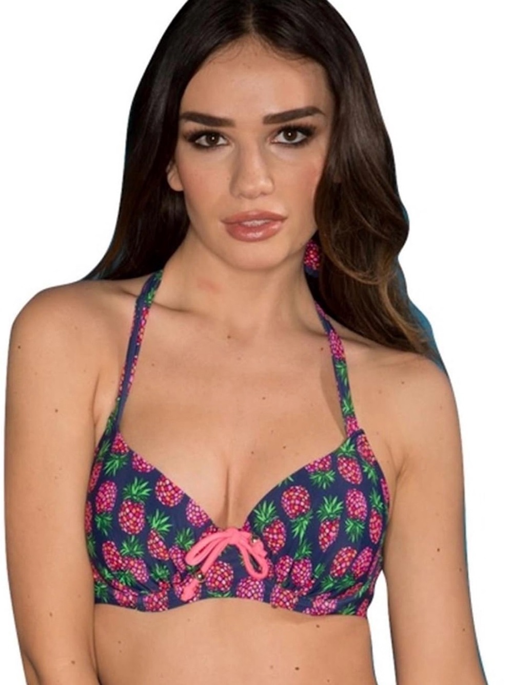 Pour Moi Pineapple Padded Bikini Top, Halter Neck, Size 32G UK/32I US, Navy